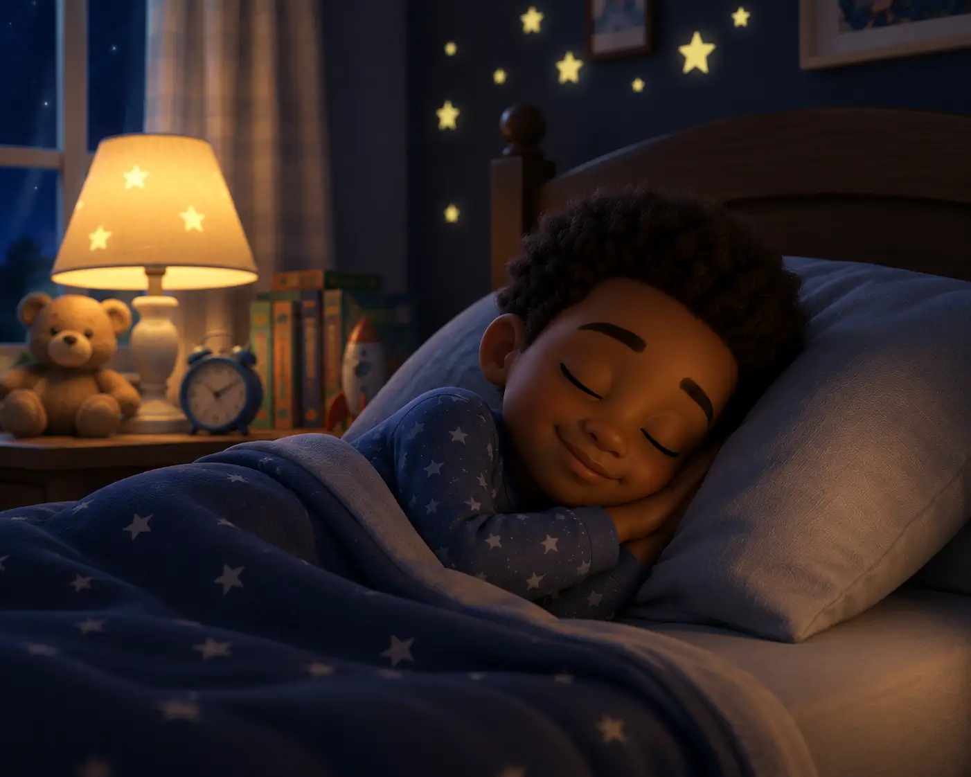 Child sleeping peacefully hugging a teddy bear in a soft bedroom