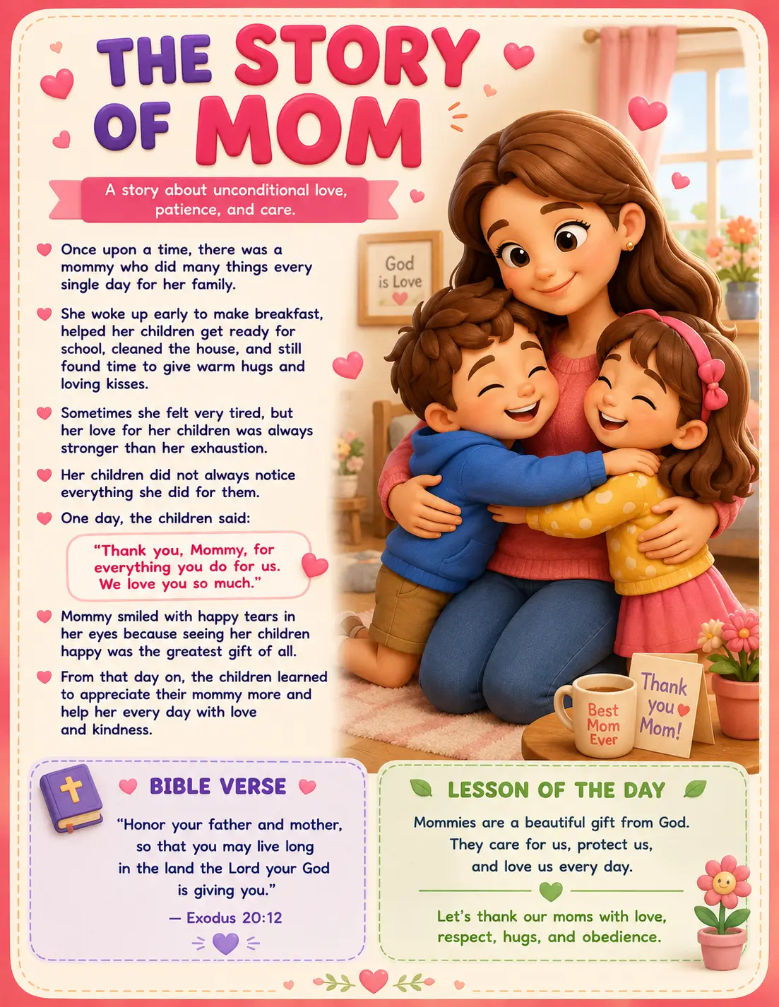 Mother reading an illustrated book to her two small children on a cozy couch